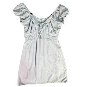 Lt Blue Textured‎ Puff Sleeve Tie Front Mini Dress Size S Cottagecore Coquette